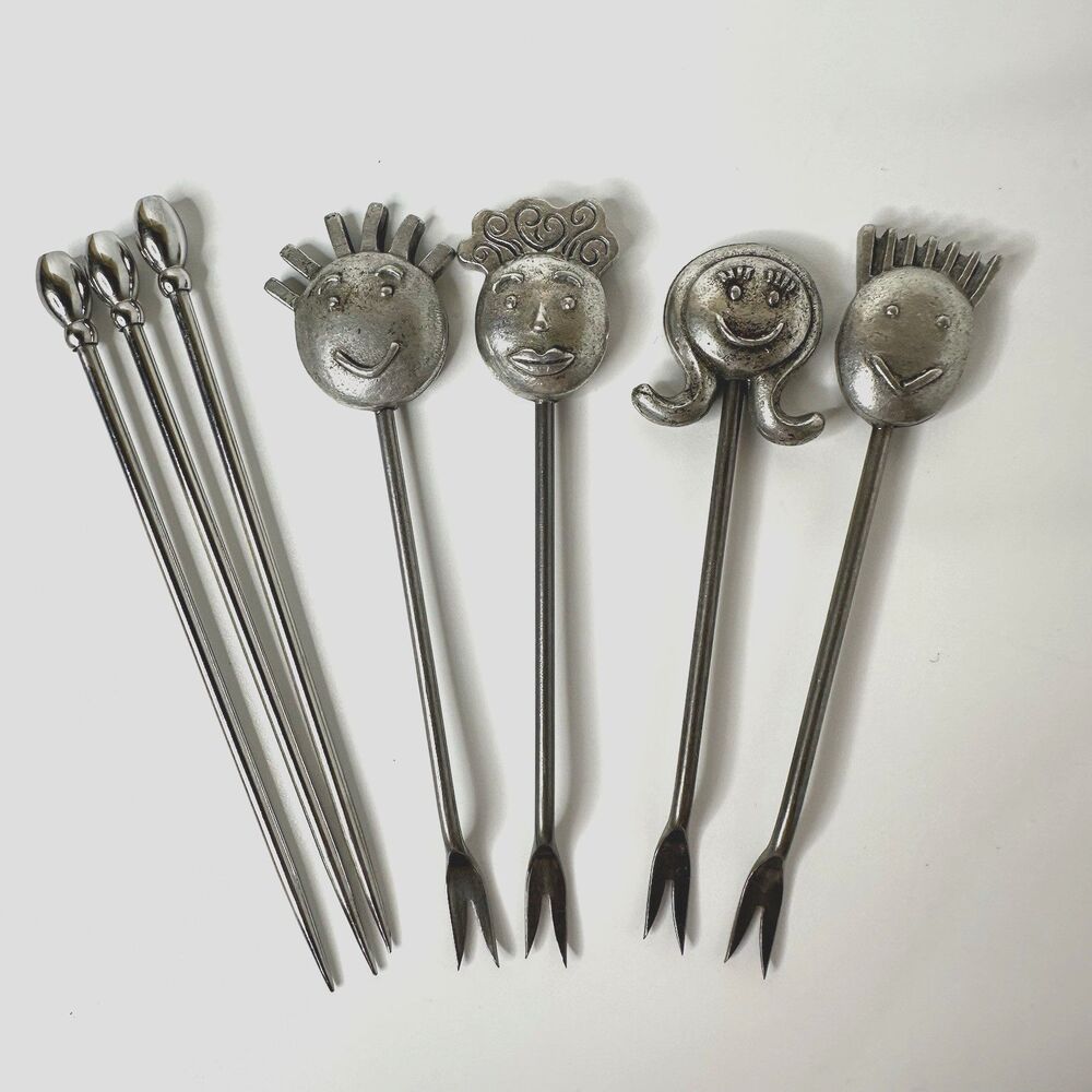 Vtg RobinWood Fondue Forks 7 Mid Century Faces & Cocktail Picks‎ Hor d'oeuvres